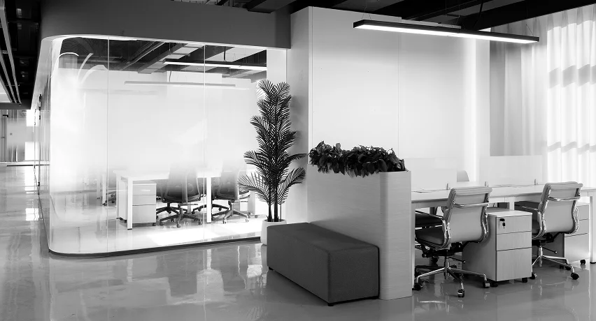 Modern office interior with glass-walled meeting room, desks with office chairs, a bench with partition, and potted plants.